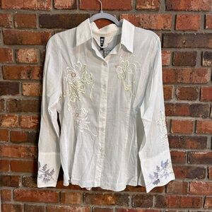 We womens embroidered semi sheer lightweight boho hippie western blouse white L
